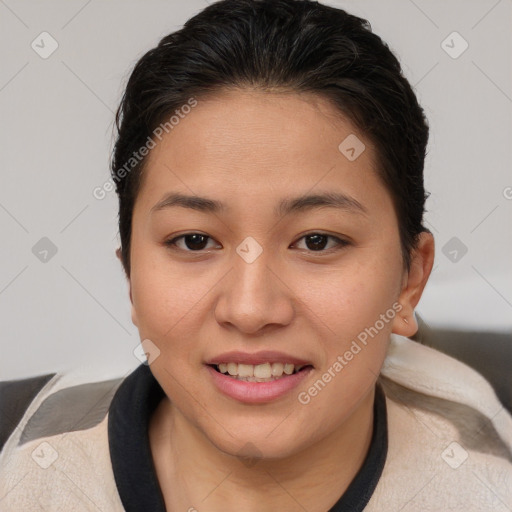 Joyful white young-adult female with short  brown hair and brown eyes