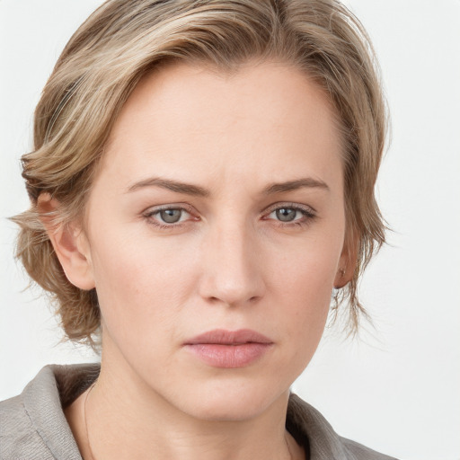 Neutral white young-adult female with medium  brown hair and blue eyes