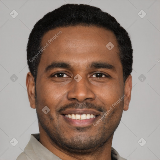 Joyful latino young-adult male with short  black hair and brown eyes