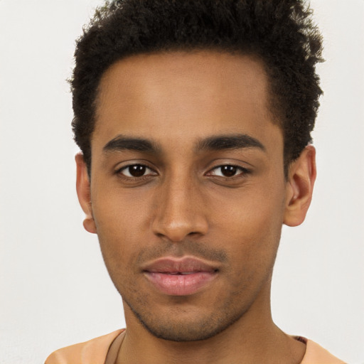 Joyful black young-adult male with short  brown hair and brown eyes