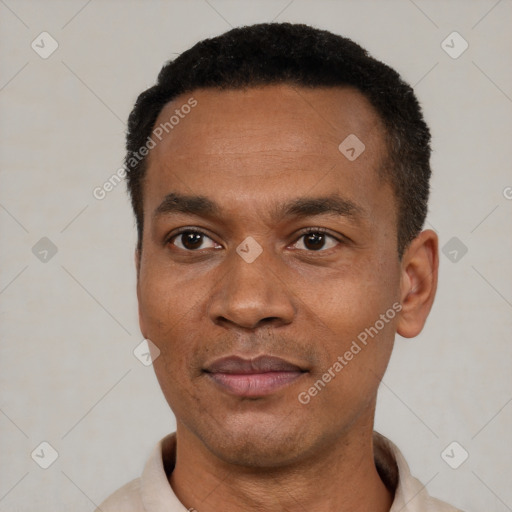 Neutral latino adult male with short  black hair and brown eyes