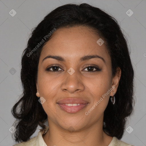 Joyful black young-adult female with medium  brown hair and brown eyes