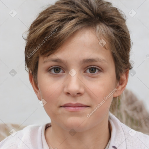 Joyful white child female with short  brown hair and brown eyes