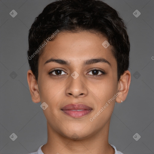 Joyful latino young-adult female with short  brown hair and brown eyes