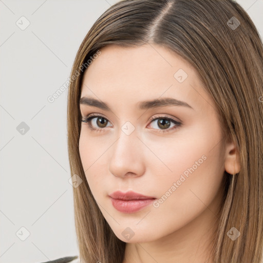 Neutral white young-adult female with long  brown hair and brown eyes