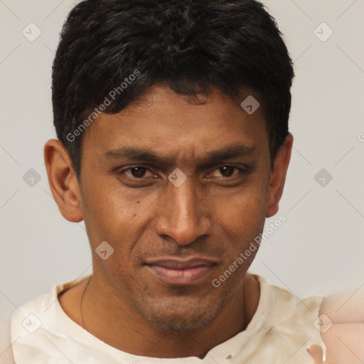 Joyful black adult male with short  brown hair and brown eyes