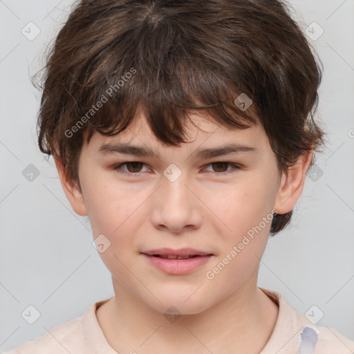 Joyful white child female with medium  brown hair and brown eyes