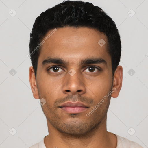 Neutral latino young-adult male with short  black hair and brown eyes