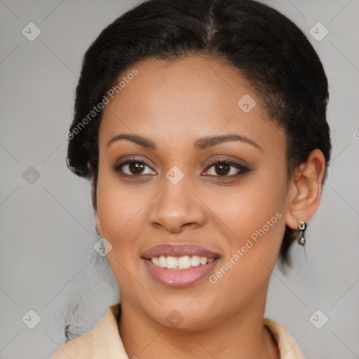 Joyful latino young-adult female with long  brown hair and brown eyes