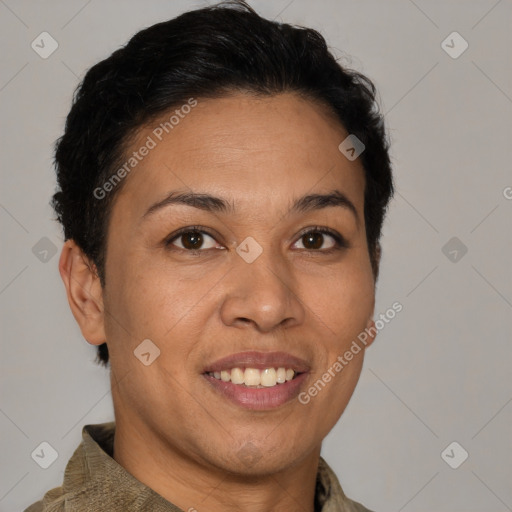 Joyful white adult female with short  brown hair and brown eyes