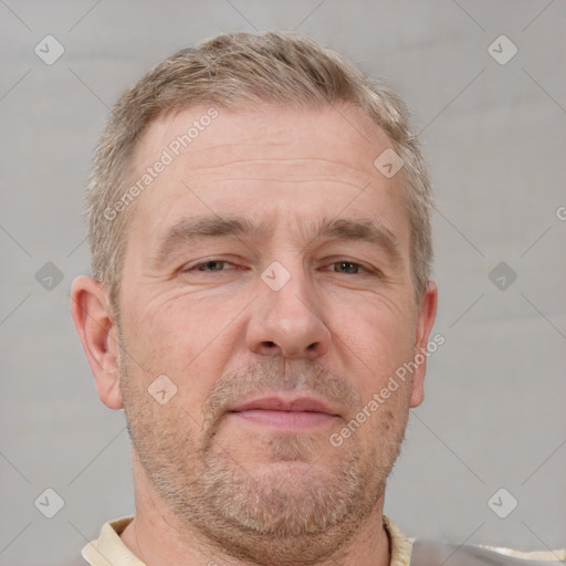 Neutral white adult male with short  brown hair and grey eyes