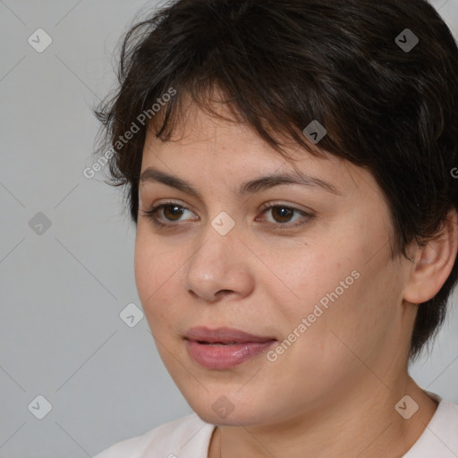 Joyful white young-adult female with medium  brown hair and brown eyes