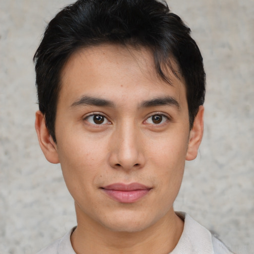 Neutral asian young-adult male with short  brown hair and brown eyes