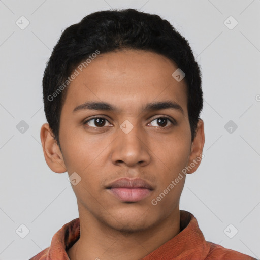 Neutral latino young-adult male with short  black hair and brown eyes