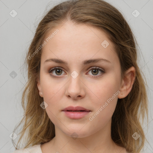 Neutral white young-adult female with medium  brown hair and brown eyes