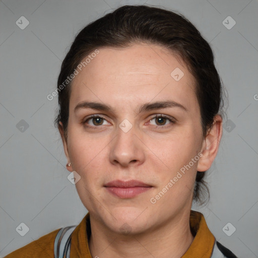 Neutral white young-adult female with short  brown hair and brown eyes