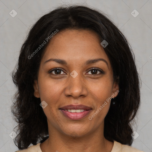 Joyful black young-adult female with medium  brown hair and brown eyes