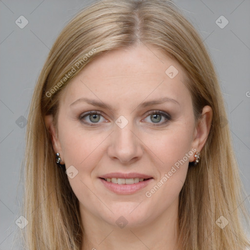 Joyful white young-adult female with long  brown hair and grey eyes