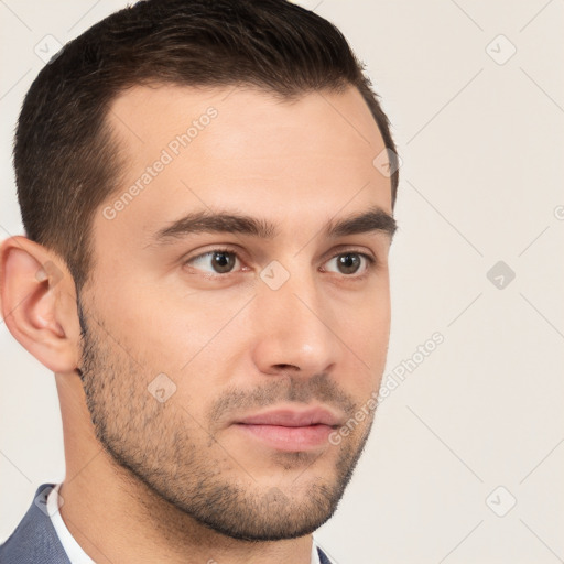 Neutral white young-adult male with short  brown hair and brown eyes