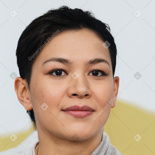 Joyful asian young-adult female with short  brown hair and brown eyes