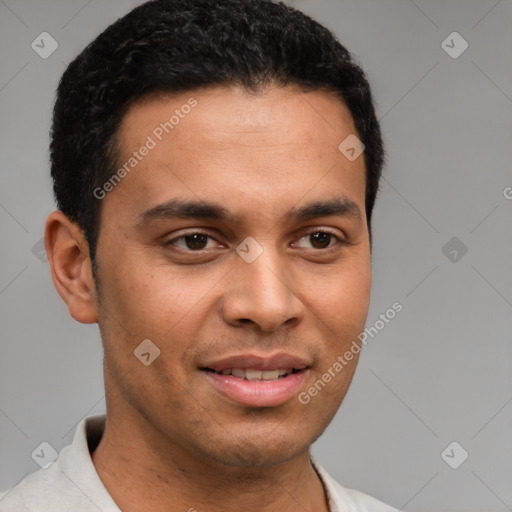 Joyful latino young-adult male with short  brown hair and brown eyes