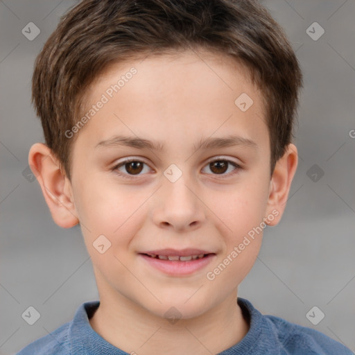 Joyful white child male with short  brown hair and brown eyes