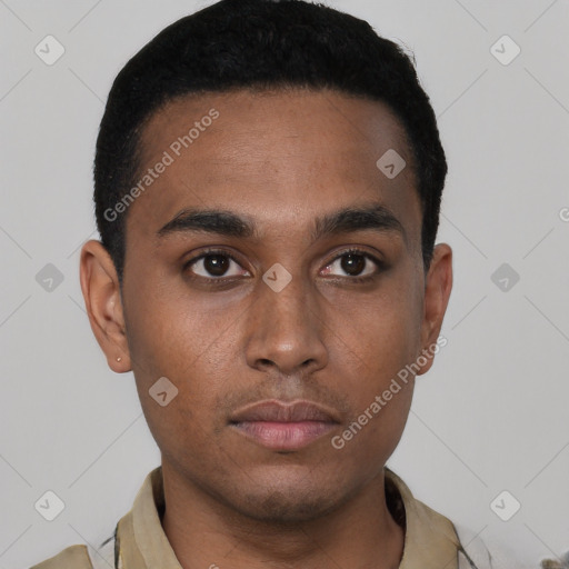 Neutral black young-adult male with short  brown hair and brown eyes