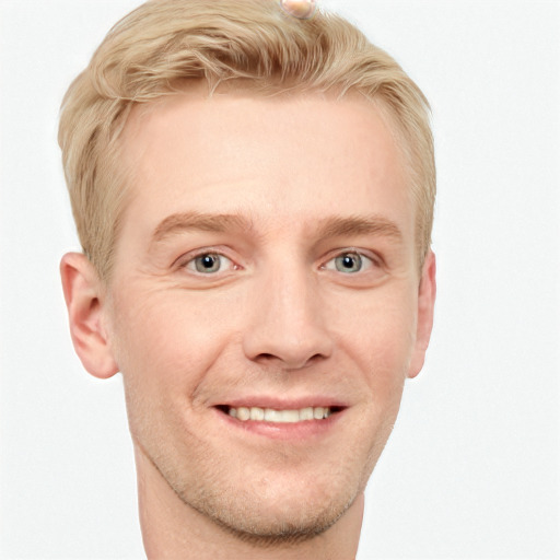 Joyful white young-adult male with short  brown hair and blue eyes