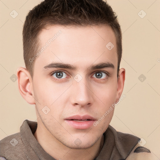 Neutral white young-adult male with short  brown hair and brown eyes