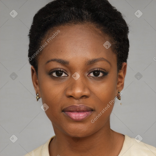 Joyful black young-adult female with short  black hair and brown eyes