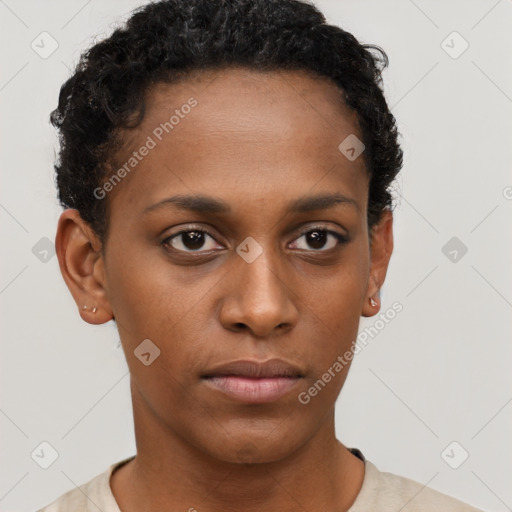 Neutral black young-adult female with short  brown hair and brown eyes