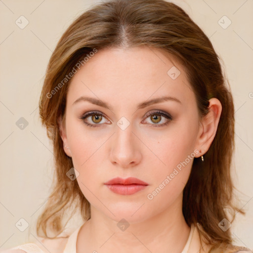 Neutral white young-adult female with medium  brown hair and brown eyes