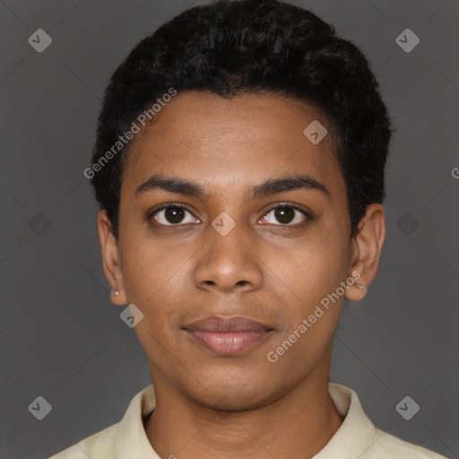 Neutral black young-adult male with short  black hair and brown eyes