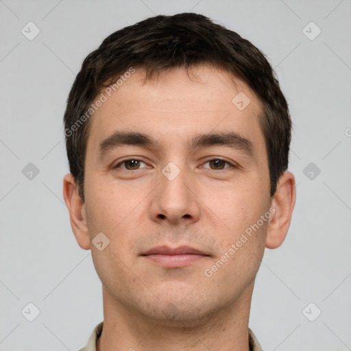 Neutral white young-adult male with short  brown hair and brown eyes