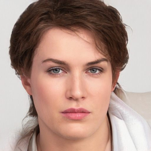 Neutral white young-adult female with medium  brown hair and grey eyes