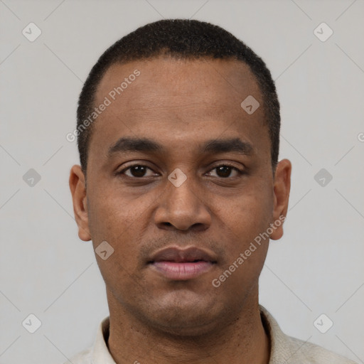 Neutral black young-adult male with short  black hair and brown eyes