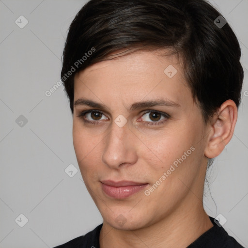 Joyful white young-adult female with medium  brown hair and brown eyes