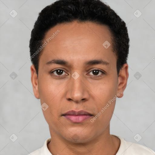 Neutral latino young-adult male with short  black hair and brown eyes