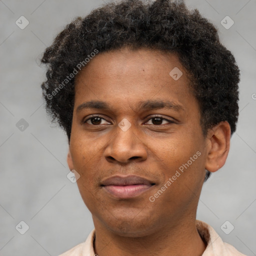 Joyful latino young-adult male with short  brown hair and brown eyes