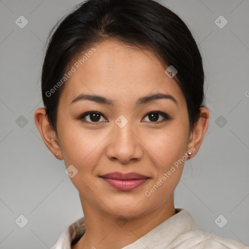 Joyful asian young-adult female with short  brown hair and brown eyes