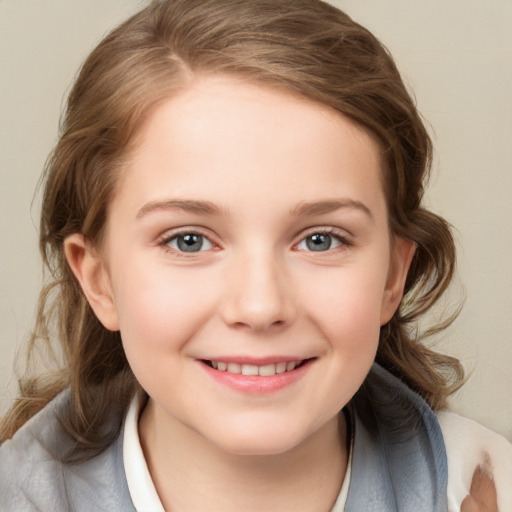 Joyful white child female with medium  brown hair and brown eyes