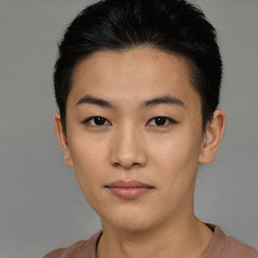 Neutral asian young-adult female with short  black hair and brown eyes