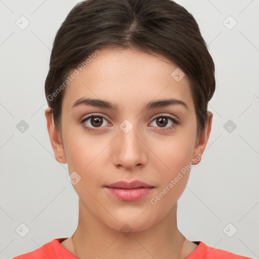 Neutral white young-adult female with short  brown hair and brown eyes