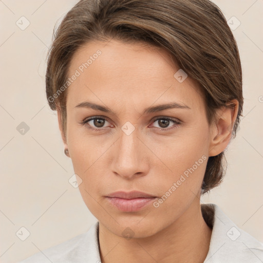 Neutral white young-adult female with medium  brown hair and brown eyes