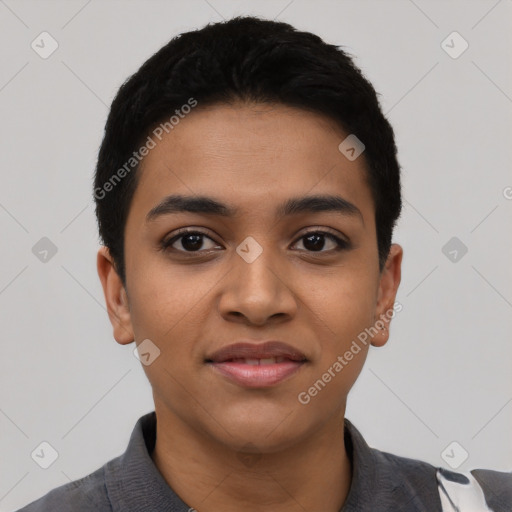 Joyful latino young-adult female with short  black hair and brown eyes