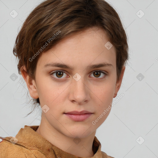 Neutral white young-adult female with short  brown hair and brown eyes