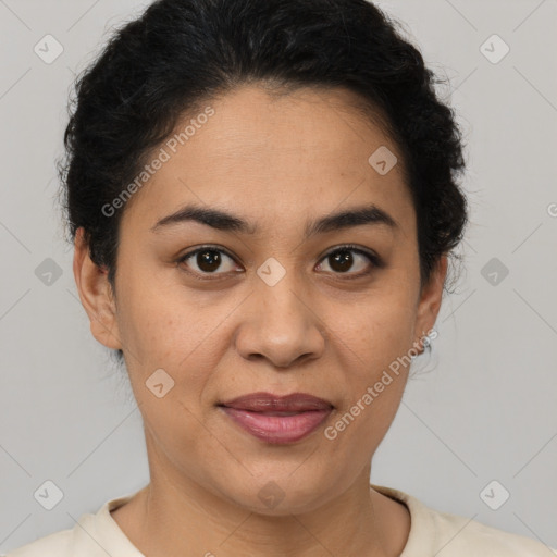 Joyful latino young-adult female with short  brown hair and brown eyes