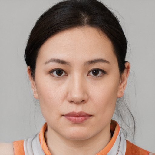 Neutral white young-adult female with medium  brown hair and brown eyes