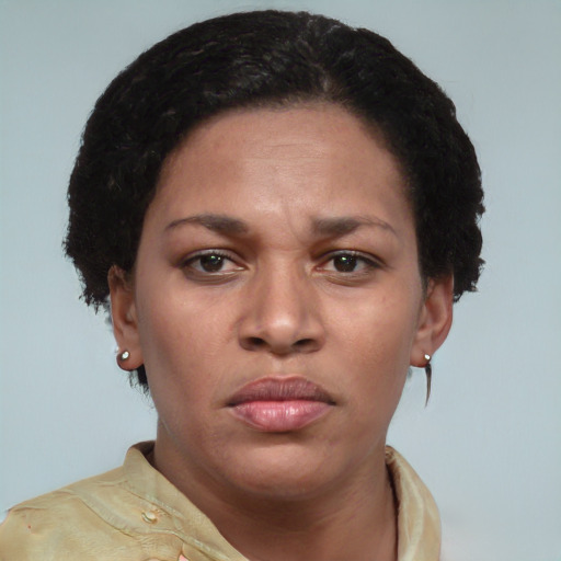 Neutral black adult female with short  brown hair and brown eyes