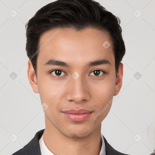 Joyful white young-adult male with short  black hair and brown eyes